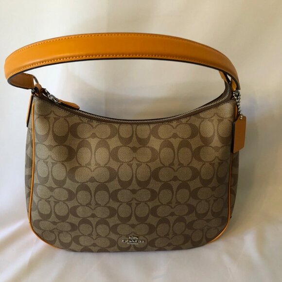 NWT Coach Signature Coated Canvas Hobo Handbag Khaki/Tangerine - Picture 4 of 10